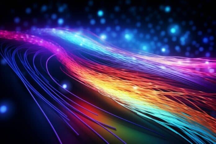 Colorful optic fiber electrical cables wires neon waves lines abstract 3d ai design background pattern glow colored streams information optical connection internet web multicolor data led technology
