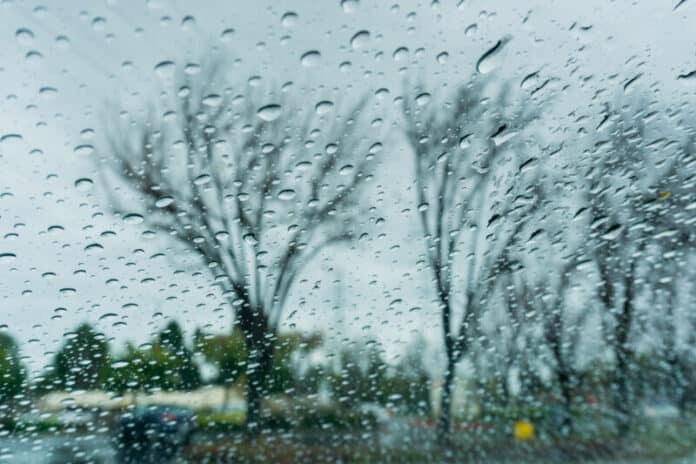 Drops of rain on the window; blurred trees in the background; sh