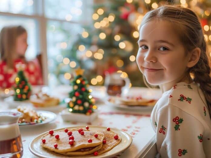 Christmas Morning Breakfast with Smiling Girl by Tree