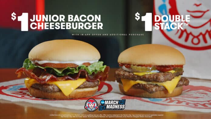 March-Madness-Hamburger-Deals-Wendy-s Wendy’ $1 Jr. Bacon Cheeseburger and $1 Double Stack Deals are the MVP duo of March Madness now through April 13