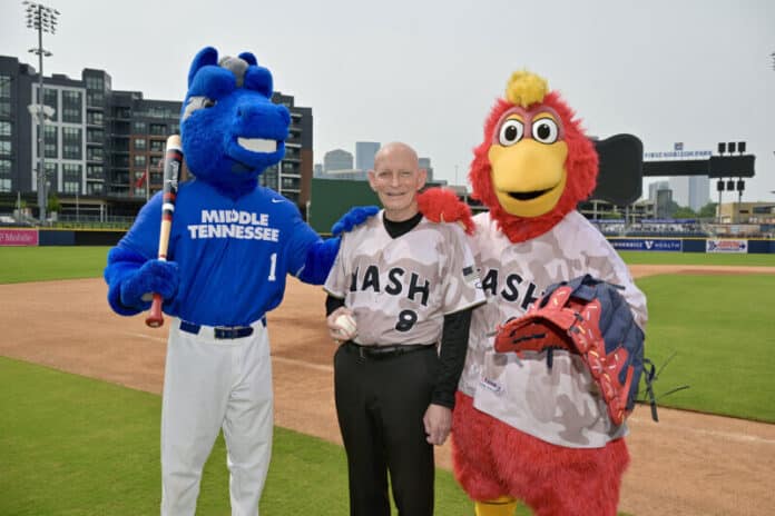MTSU-Sounds specialty jersey1 Middle Tennessee State University mascot Lightning, left, admires the 2025 specialty military jerseys worn by Keith M. Huber, MTSU senior advisor for veterans and leadership initiatives and retired U.S. Army lieutenant general, and Nashville Sounds mascot Booster the Rooster at First Horizon Park in Nashville, Tenn. The Sounds announced the auction is underway for the specialty jerseys, which debuted May 25, and will run through Sept. 12 following First Responders Night on Sept. 11. (MTSU photo by Andy Heidt)