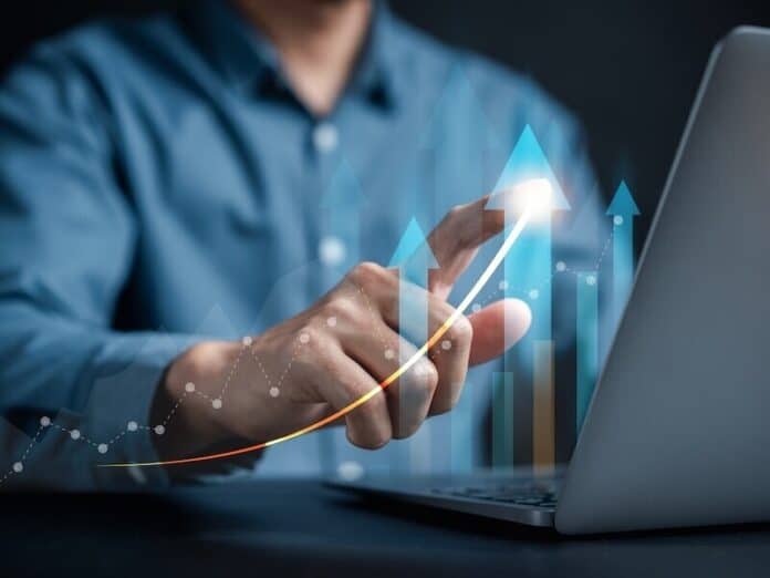 Businessman hands touching business target arrows growing increase to set up business objective target goal, marketing solution, target for business investment.