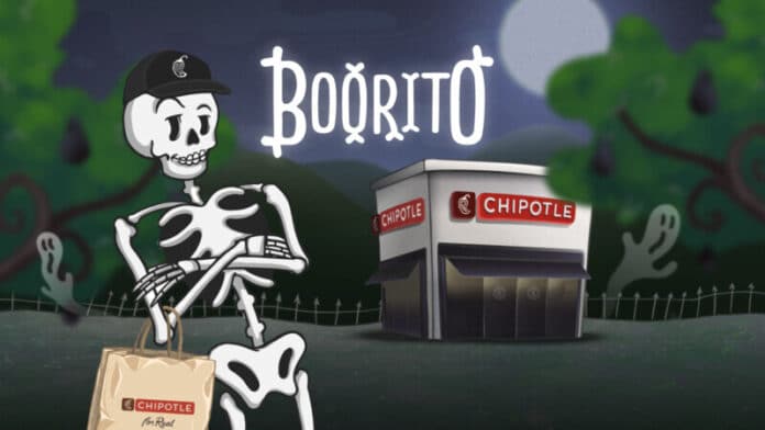 Chipotle Boorito Halloween 2025 Chipotle is celebrating Boorito on Halloween with a $6 entree offer for Chipotle Rewards members dressed in-costume in-restaurant on Halloween.