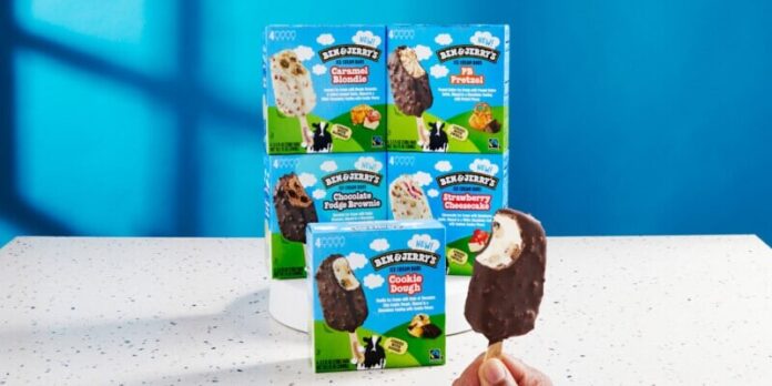 Stacked from 2 images. Method=B (R=8,S=8) Ben & Jerry’s launches new ice cream bars! Available in five fantastic flavors, each features decadent ice cream, and plenty of chunks and swirls, dipped in a chocolatey coating with cookie pieces.