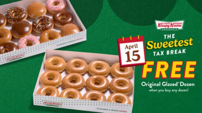 Krispy Kreme is celebrating Tax Day 2026 by offering Americans a free Original Glazed dozen doughnuts with the purchase of any dozen at regular price, marking the fourth consecutive year the brand has rewarded customers for completing their taxes. What Is the Krispy Kreme Tax Day 2026 Deal? On April 15, 2026 only, guests can receive a free Original Glazed dozen when they purchase any dozen doughnuts at regular price in shop or drive-thru, with a limit of two dozen per guest. How Can You Get the Free Krispy Kreme Dozen Online? Guests who order any dozen online at regular price for pickup or delivery can use the promo code "TAXBREAK" to receive a free Original Glazed dozen via the Krispy Kreme app or website, with a limit of one free dozen per online order. When Is the Krispy Kreme Tax Day Promotion Available? The offer is available on Wednesday, April 15, 2026 only, at participating Krispy Kreme locations in shop, drive-thru, or online for pickup or delivery. What Did Krispy Kreme Say About the Tax Day Offer? "Finishing your taxes is a big accomplishment, and we think that deserves a reward," said Alison Holder, Chief Brand and Product Officer at Krispy Kreme. "Our Tax Day offer is a simple, joyful way to celebrate crossing that last thing off your to do list – and enjoying something sweet once it's finally done." What Other Krispy Kreme Offers Are Available This Spring? The Tax Day promotion runs alongside Krispy Kreme's Spring Seasonal Collection, available in shop and drive-thru and for pickup or delivery via the Krispy Kreme app and website. How Can Customers Share Their Krispy Kreme Tax Day Experience? Done with your taxes? Celebrate with an Original Glazed® dozen for free on April 15 with purchase of any dozen at regular price.