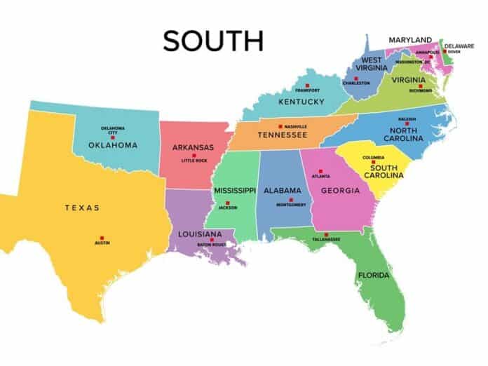 South, U.S. census region, colored political map. Census region 3 of United States, consisting of 16 single states and District of Columbia. Colored silhouettes of States with borders and capitals. The key taxes to manage across state lines