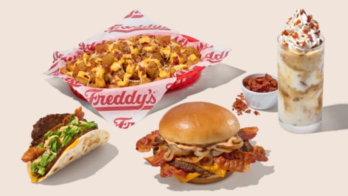 Freddy's Bacon Fest lineup: [L to R] Smoky Bacon Steakburger Taco, Bacon Loaded Tots, Smoky Bacon Cheddar Stack, and Maple Pecan Concrete.