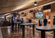 New Nissan Stadium to Feature 22,000-Square-Foot INFINITI Club Multiple people sitting and standing around cocktails tables and lounge couches.