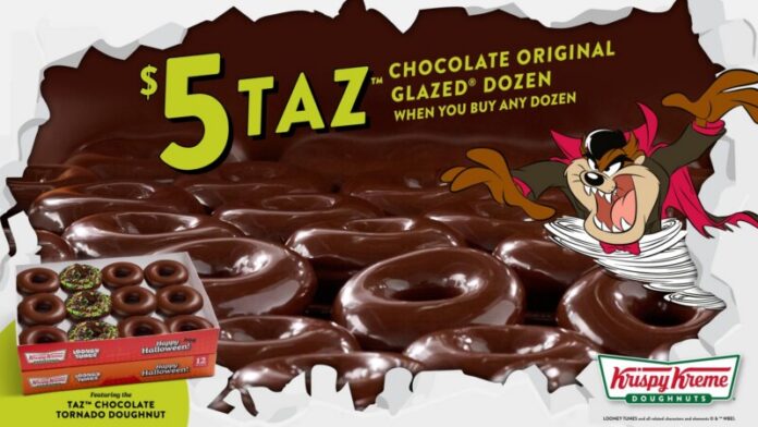 Krispy_Kreme_x_Taz_Dozen_Media_Image_1 For three days only, fans can celebrate the return of Chocolate Original Glazed® with a limited-edition Taz™ dozen – available for just $5 with any dozen purchase